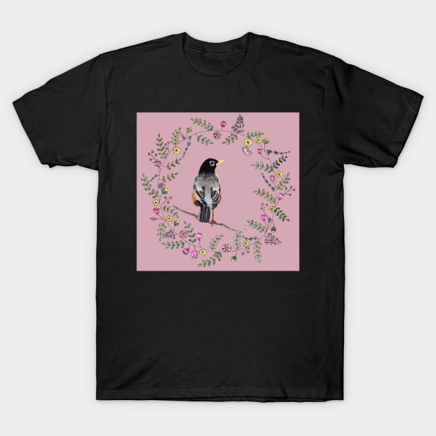 American Robin with Flower Wreath and violet background T-Shirt by Sandraartist